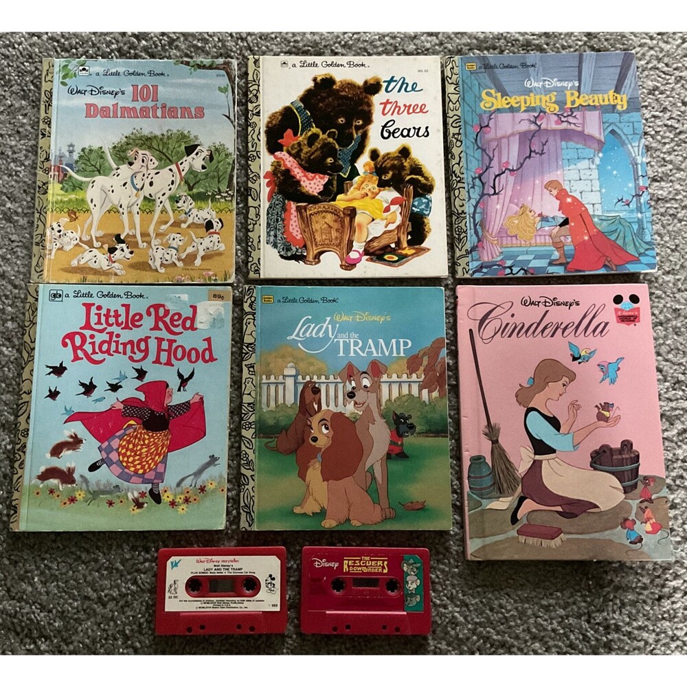 Vintage Disney & Fairytale Little Golden Hard Cover Books lot of 6 Plus 3 Tapes